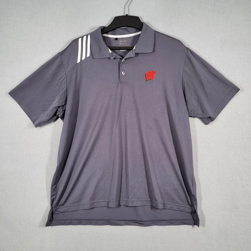 Adidas Polo Shirt Men's XL‎ Gray Wisconsin Badgers ClimaCool Short Sleeve Golf